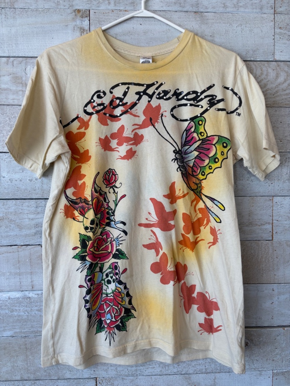 Ed Hardy Yellow Tee with Black Graphic and Rhinestones - Picture 2 of 11